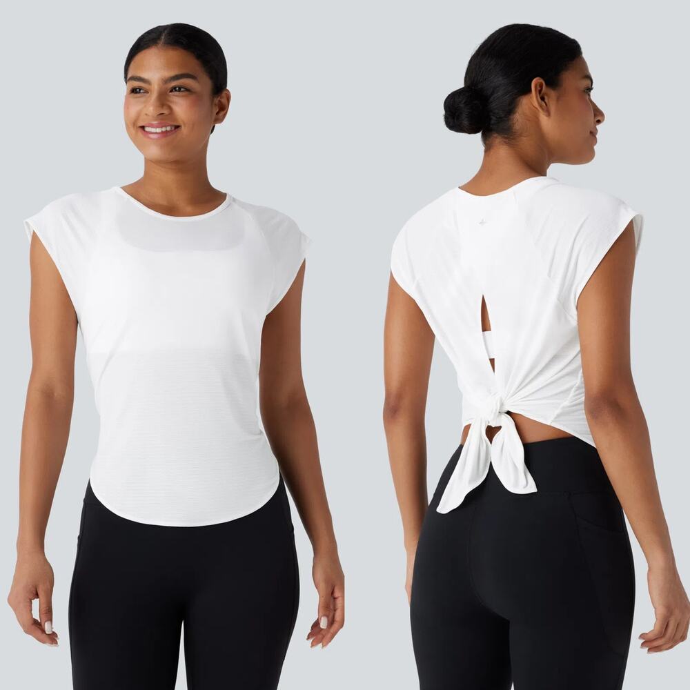 NWT Halara Yoga Sports Top Cap Sleeve Tie Back Curved Hem White Womens Size S